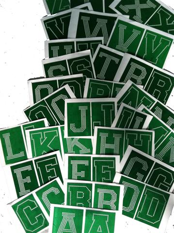 Rhinestone Stencil 4" letters,10ss stones, 2 color Athletic Font,